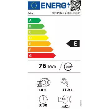 Įmontuojama indaplovė BEKO DIS35026 — siaura 45 cm, 10 komplektų, 48 dB, 5 programų, E energijos klasė