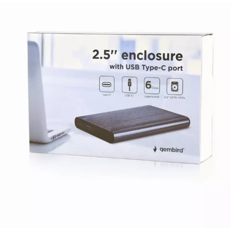 GEMBIRD USB 3.1 2,5 inch SATA HDD korpusas su Type-C prievadu, šlifuotas aliuminis - pilka