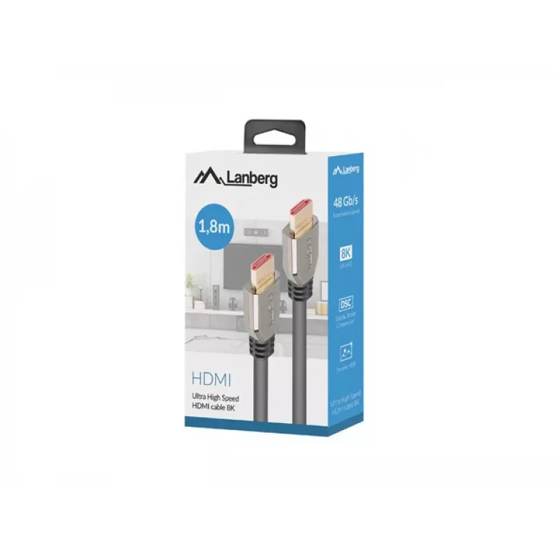 HDMI kabelis LANBERG CA-HDMI-30CU-0018-BK — HDMI 2.1, 1,8 m, 48 Gbit/s, 7680×4320, 240 Hz, ARC, eARC / Ethernet palaikymas