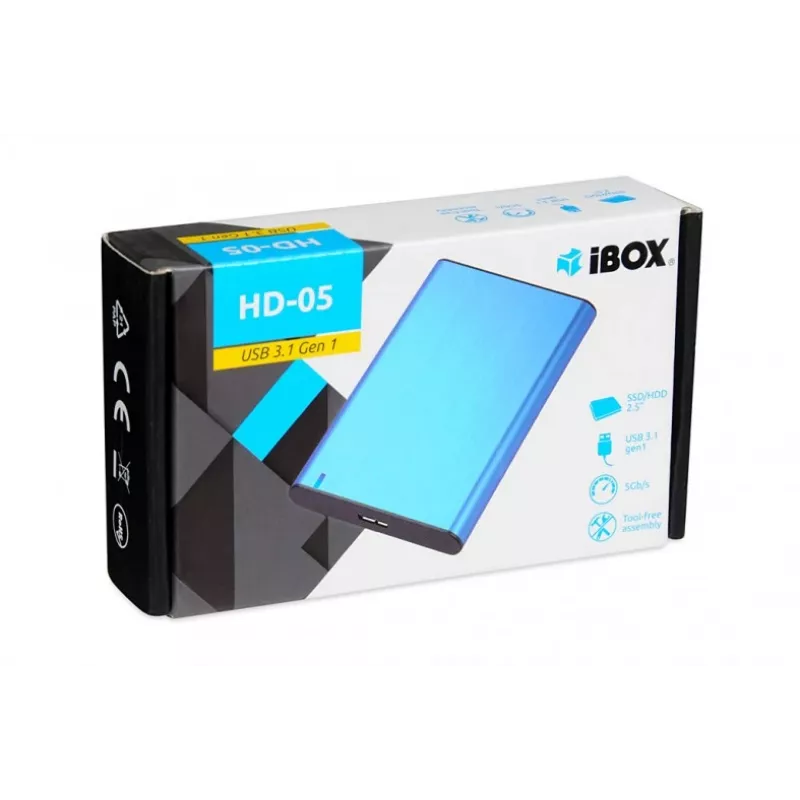 HDD/SSD korpusas IBOX HD-05 — 2,5 colio SATA III, USB 3.2 Gen 1 (Micro-USB B), iki 10 TB, mėlynas