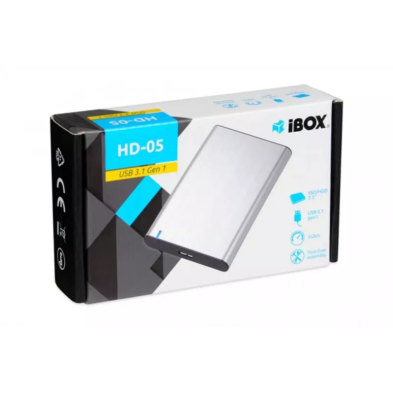 HDD/SSD korpusas IBOX HD-05 — 2,5 colio SATA III, USB 3.2 Gen 1 (5 Gbit/s), Micro-USB B, iki 10 TB, pilkas