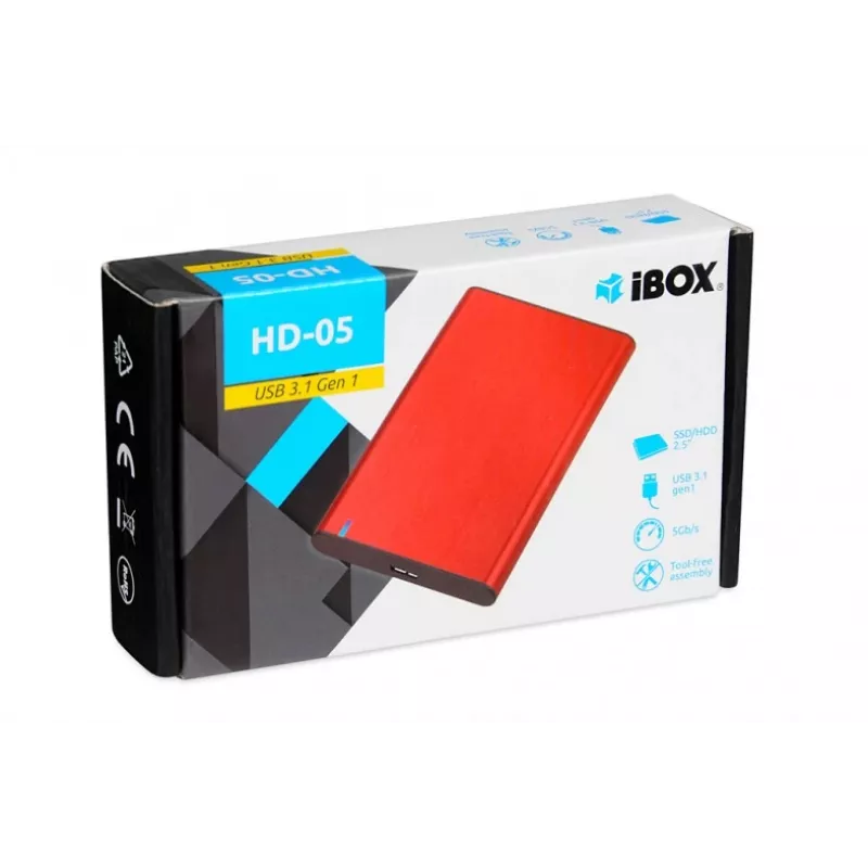 HDD/SSD korpusas IBOX HD-05 raudonas 2,5 colio — USB 3.2 Gen 1 (5 Gbit/s), JMicron JMS578, iki 10 TB