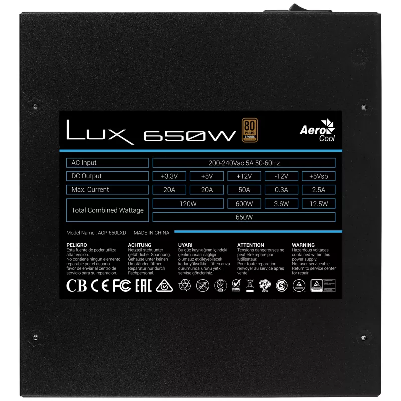 Aerocool LUX650 PC maitinimo blokas 650W 80 Plus Bronze 230V 88% efektyvumas juodas