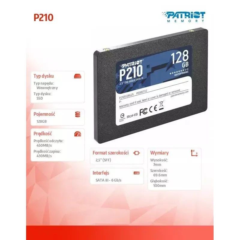 Patriot Memory P210 2.5 col. 128GB Serial ATA III 450/350 MB/s