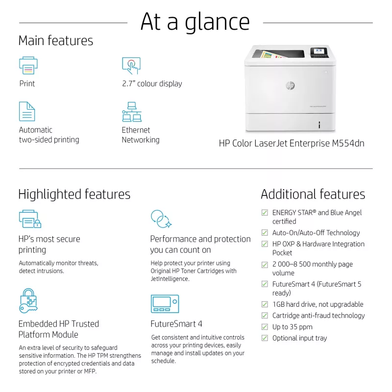 HP Color LaserJet Enterprise M554dn spausdintuvas, lazerinis, spalvotas, 1200 x 1200 DPI, A4, 33 ppm, dvipusis spausdinimas
