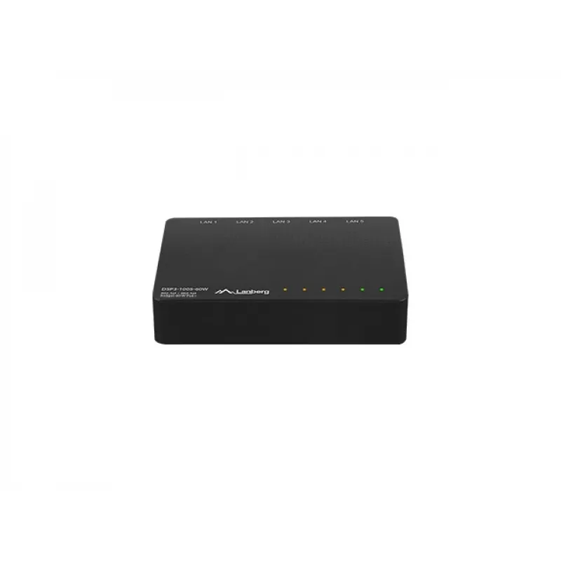 Nevaldomas tinklo jungiklis LANBERG DSP3-1005-60W, 5x Gigabit RJ-45, 4x PoE+ (60 W bendra galia), 10 Gbit/s perjungimas