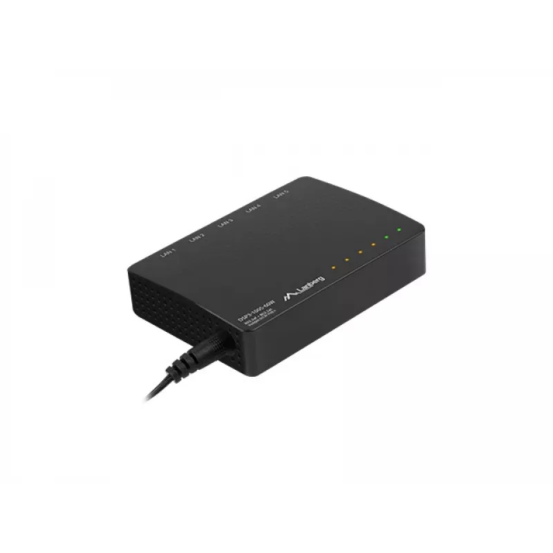 Nevaldomas tinklo jungiklis LANBERG DSP3-1005-60W, 5x Gigabit RJ-45, 4x PoE+ (60 W bendra galia), 10 Gbit/s perjungimas
