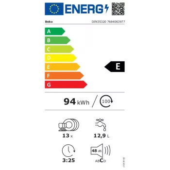 Įmontuojamas indaplovė BEKO DIN35320 — 13 komplektų, 60 cm, 48 dB, 5 programos, E klasė