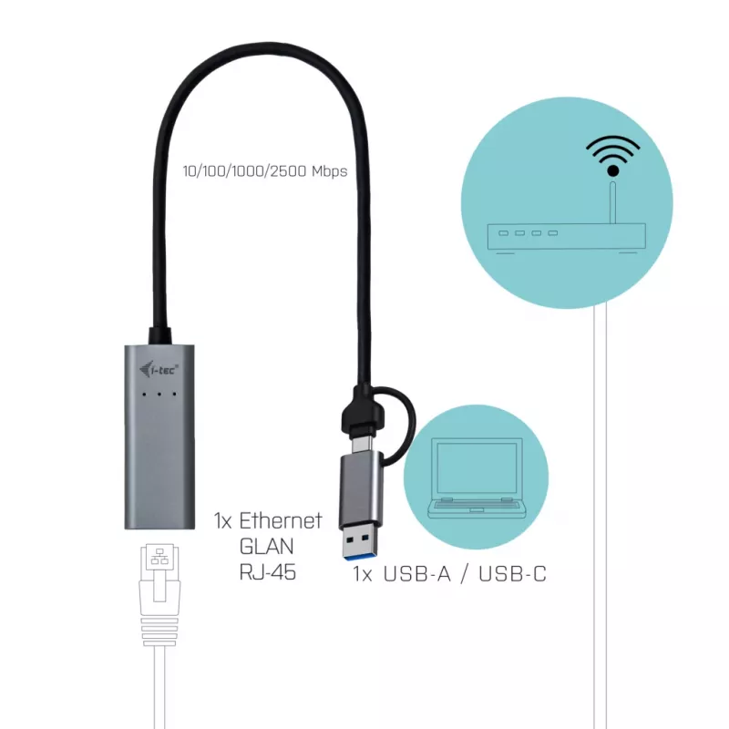 “i-tec Metal USB-C/USB-A 2.5Gbps Ethernet” adapteris, laidinis, USB Type-A/USB Type-C, Ethernet, 2500 Mbit/s, pilkas