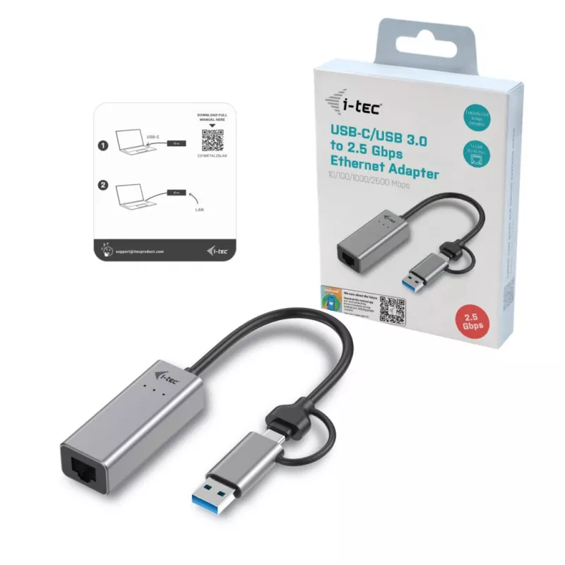 “i-tec Metal USB-C/USB-A 2.5Gbps Ethernet” adapteris, laidinis, USB Type-A/USB Type-C, Ethernet, 2500 Mbit/s, pilkas