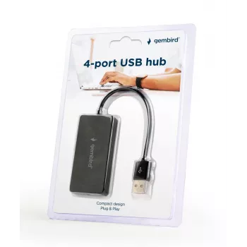 USB šakotuvas Gembird UHB-U2P4-04 — 4 prievadų USB 2.0, prijunk ir naudok, juodas, 480 Mbit/s