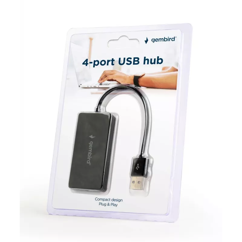 USB šakotuvas Gembird UHB-U2P4-04 — 4 prievadų USB 2.0, prijunk ir naudok, juodas, 480 Mbit/s