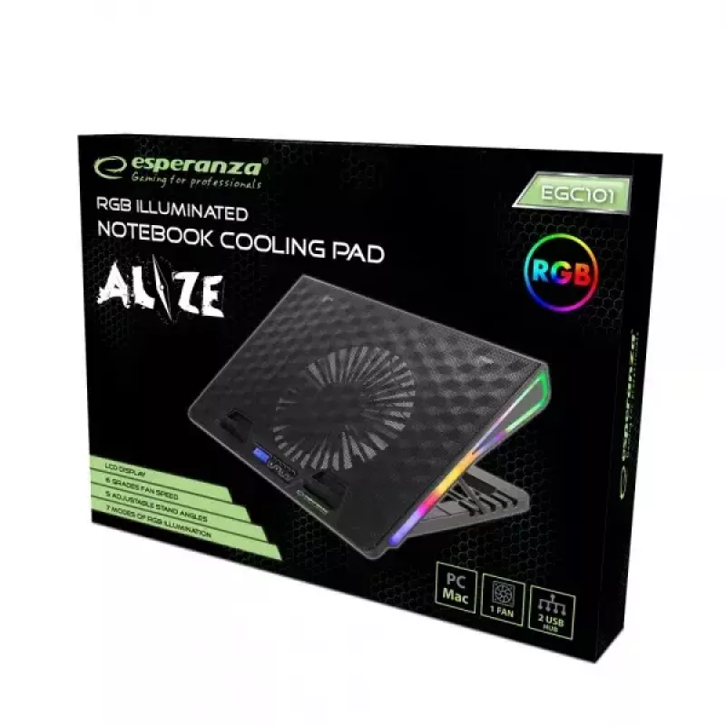 Nešiojamojo kompiuterio aušinimo padėklas ESPERANZA EGC101 — 1 ventiliatorius 18 cm, 76 cfm, 800 aps./min., 5 aukščio pozicijos, LCD, maitinamas per USB