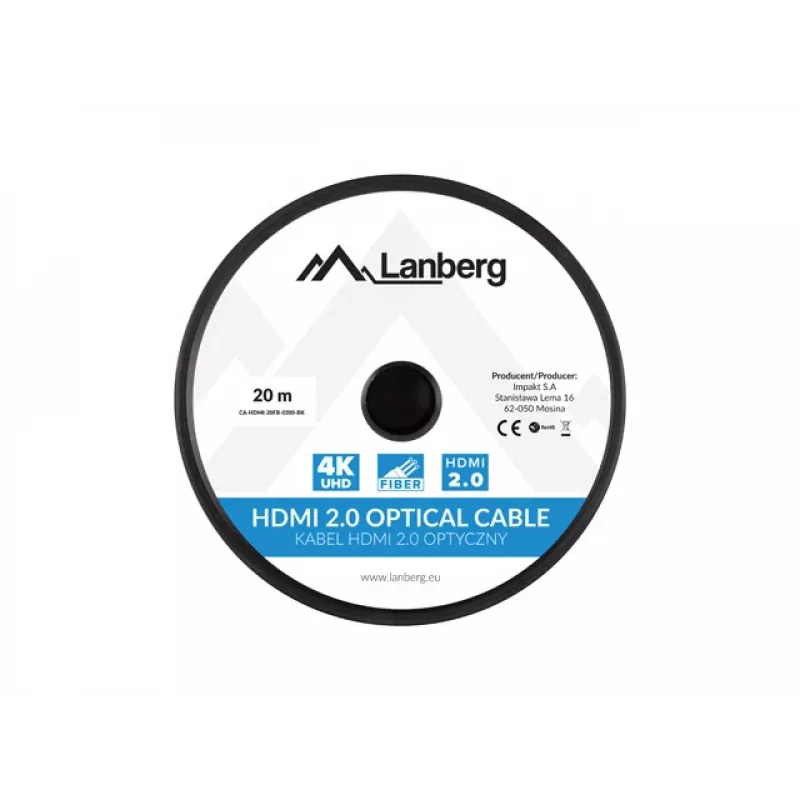 HDMI kabelis LANBERG CA-HDMI-20FB-0200-BK 20 m, HDMI 2.0, Type A kištukas–kištukas, 18 Gbit/s, 4K@60Hz (3840×2160), HDR, ARC, Ethernet