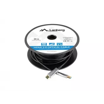 HDMI kabelis LANBERG CA-HDMI-20FB-0300-BK — 30 m, HDMI A tipo kištukas į HDMI A tipo kištuką, HDMI 2.0, 18 Gbit/s, 4K@144Hz, HDR, ARC, Ethernet, juodas