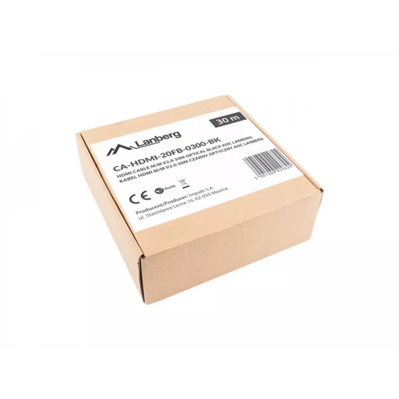 HDMI kabelis LANBERG CA-HDMI-20FB-0300-BK — 30 m, HDMI A tipo kištukas į HDMI A tipo kištuką, HDMI 2.0, 18 Gbit/s, 4K@144Hz, HDR, ARC, Ethernet, juodas