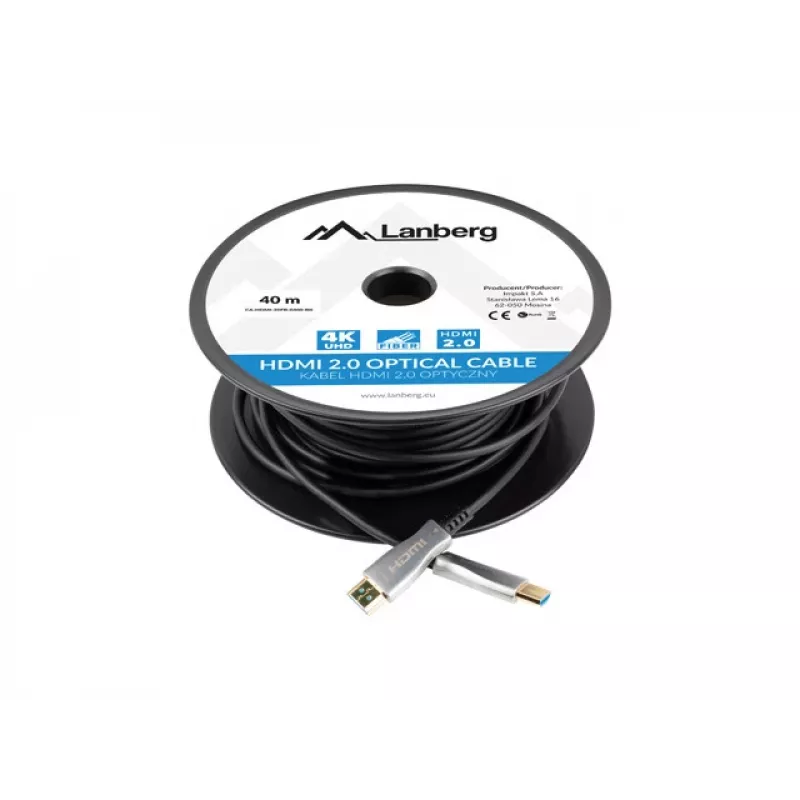 HDMI laidas LANBERG CA-HDMI-20FB-0400-BK — 40 m, HDMI 2.0 Type A kištukas–kištukas, 18 Gbit/s, 4K@144Hz, HDR, ARC, Ethernet