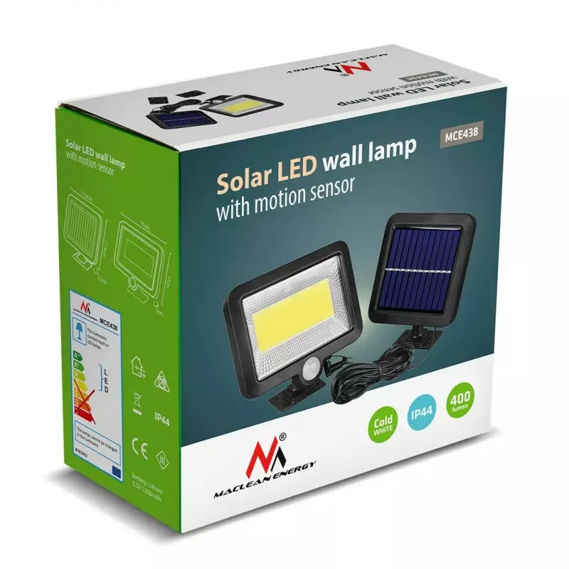 Lauko saulės LED prožektorius MACLEAN MCE438, 5 W, 400 lm, IP44, ličio jonų 5,2 V, montuojamas ant sienos, balta šviesa, juodas