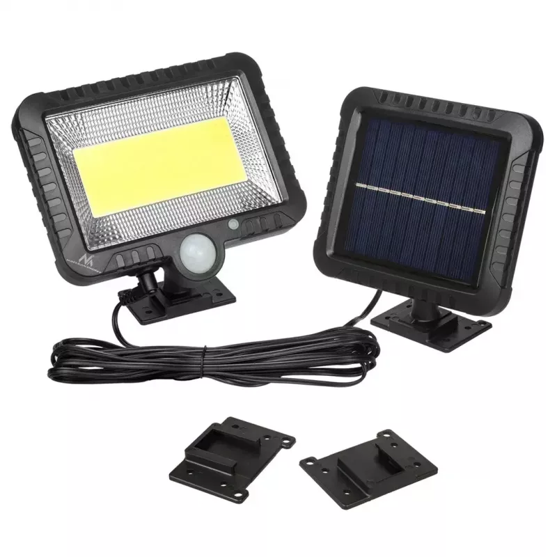 Lauko saulės LED prožektorius MACLEAN MCE438, 5 W, 400 lm, IP44, ličio jonų 5,2 V, montuojamas ant sienos, balta šviesa, juodas