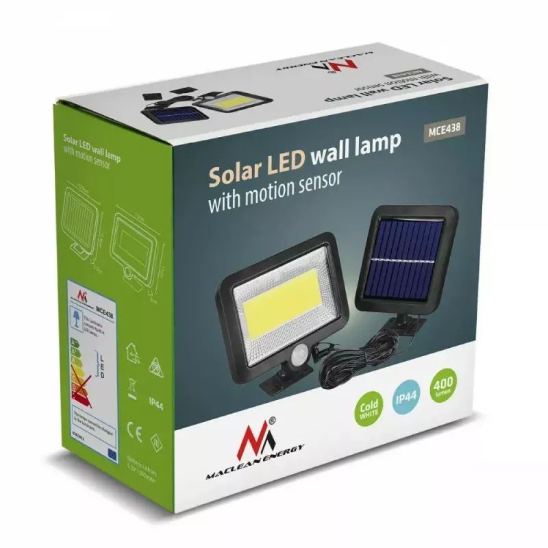Lauko saulės LED prožektorius MACLEAN MCE438, 5 W, 400 lm, IP44, ličio jonų 5,2 V, montuojamas ant sienos, balta šviesa, juodas
