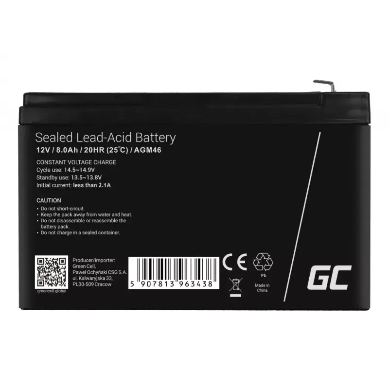 Įkraunama 12 V sandari švino rūgšties baterija Green Cell AGM46, 8000 mAh, 2,15 kg, VRLA