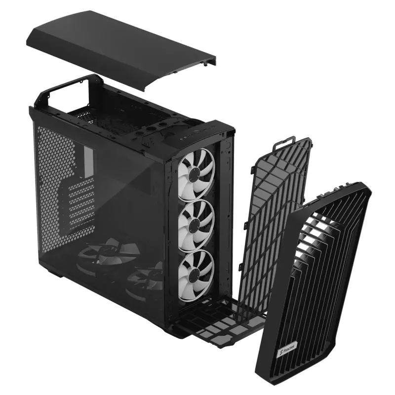 PC korpusas Fractal Design Torrent Tower Black — palaiko ATX/EATX/ITX, 2x180mm priekiniai ventiliatoriai, 2x3,5 colio lizdai, 4x2,5 colio lizdai, grūdintas stiklas