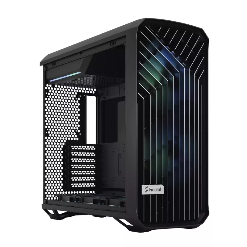 PC korpusas Fractal Design Torrent Tower Black — palaiko ATX/EATX/ITX, 2x180mm priekiniai ventiliatoriai, 2x3,5 colio lizdai, 4x2,5 colio lizdai, grūdintas stiklas