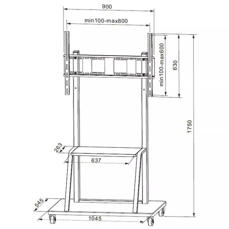 Nešiojamas plokščiaekranis ant grindų stovas TECHLY Signage Display Mount ICA-TR30 — 55–100 colių ekranams, VESA 1200x600, maks. apkrova 150 kg, ratukai, juodas