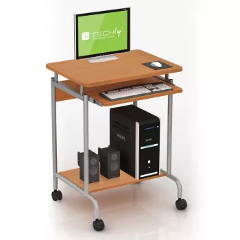 Kompiuterinis stalas TECHLY Compact ICA-TB S005 — kompaktiškas kompiuterinis stalas, MDF stalviršis, klaviatūros padėklas, ratukai, 600×450×750 mm, buko spalva