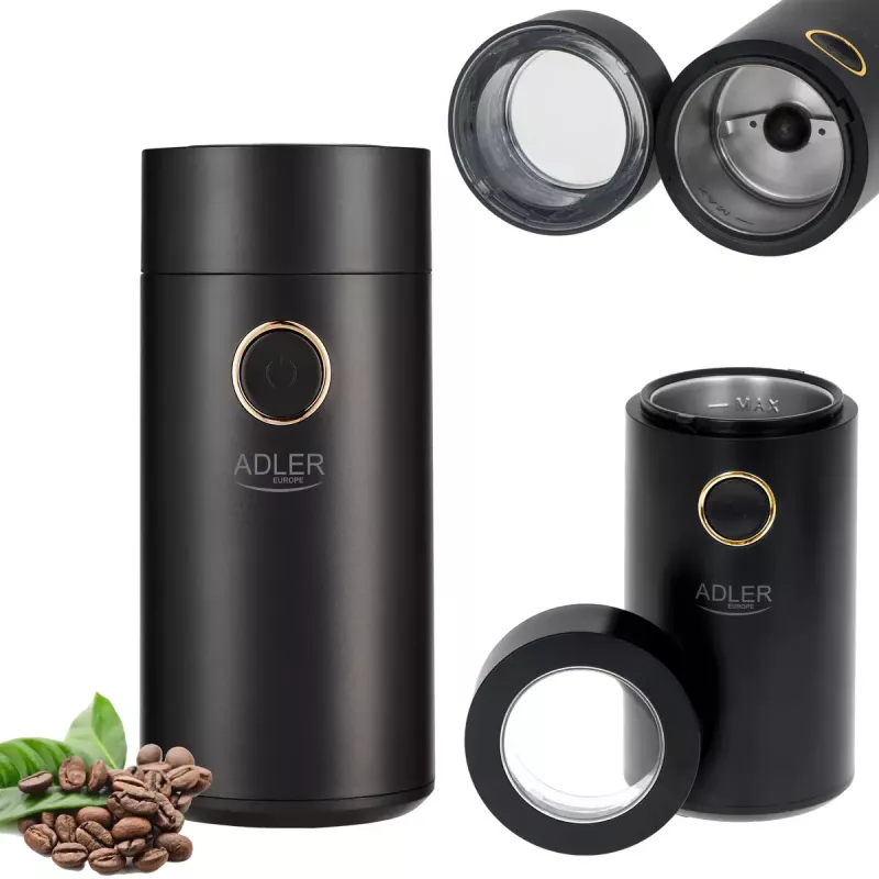 Adler AD 4446bg kavamalė su šlifavimo diskais — 150 W, 75 g pupelių talpykla, nerūdijančio plieno šlifavimo diskai, mygtuko valdymas, juoda