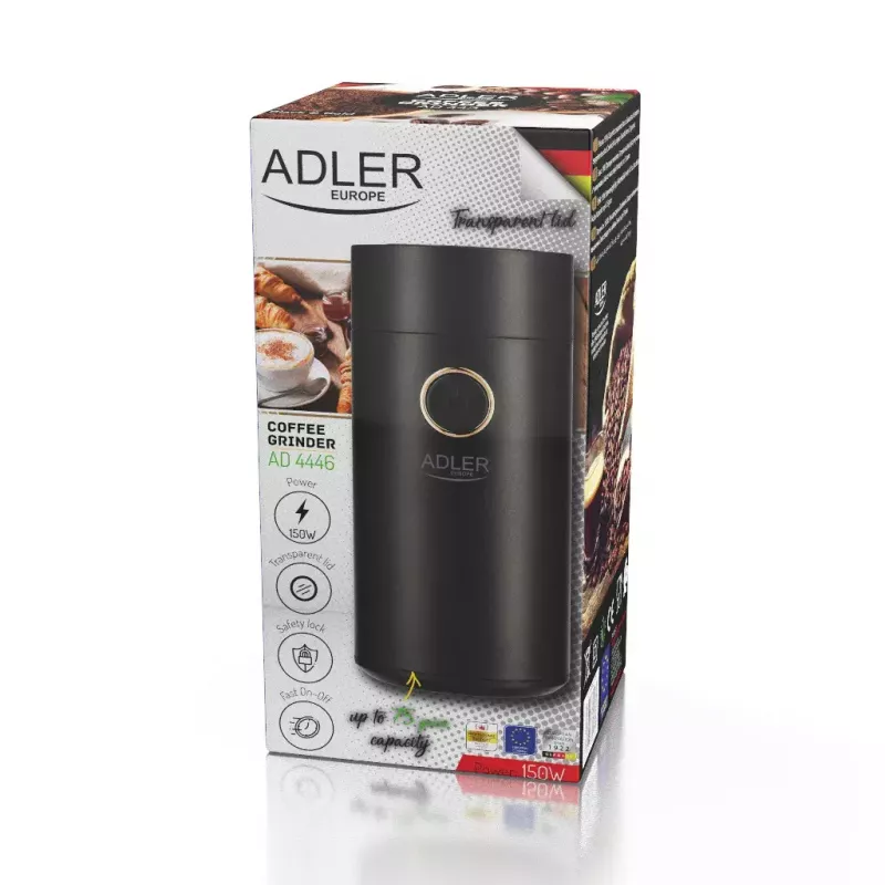 Adler AD 4446bg kavamalė su šlifavimo diskais — 150 W, 75 g pupelių talpykla, nerūdijančio plieno šlifavimo diskai, mygtuko valdymas, juoda