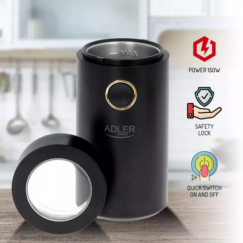 Adler AD 4446bg kavamalė su šlifavimo diskais — 150 W, 75 g pupelių talpykla, nerūdijančio plieno šlifavimo diskai, mygtuko valdymas, juoda