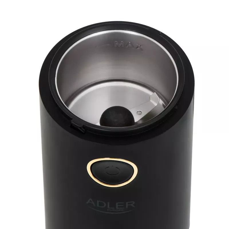 Adler AD 4446bg kavamalė su šlifavimo diskais — 150 W, 75 g pupelių talpykla, nerūdijančio plieno šlifavimo diskai, mygtuko valdymas, juoda