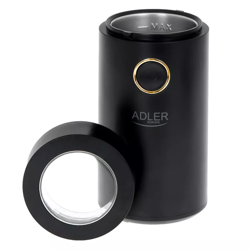 Adler AD 4446bg kavamalė su šlifavimo diskais — 150 W, 75 g pupelių talpykla, nerūdijančio plieno šlifavimo diskai, mygtuko valdymas, juoda