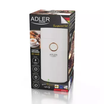 Kavos malūnėlis su plieninėmis gervėmis Adler AD4446WG — elektrinis kavos malūnėlis, nerūdijančio plieno gervės, 75 g talpos indas, 150 W, baltas