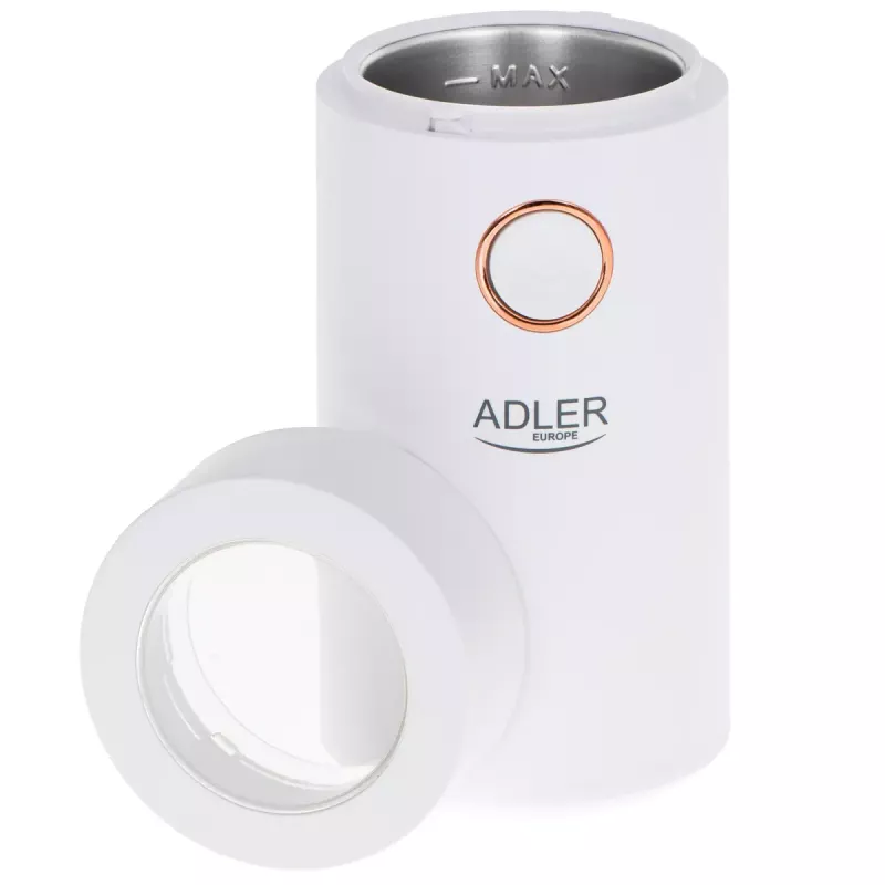 Kavos malūnėlis su plieninėmis gervėmis Adler AD4446WG — elektrinis kavos malūnėlis, nerūdijančio plieno gervės, 75 g talpos indas, 150 W, baltas