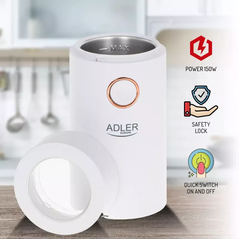 Kavos malūnėlis su plieninėmis gervėmis Adler AD4446WG — elektrinis kavos malūnėlis, nerūdijančio plieno gervės, 75 g talpos indas, 150 W, baltas