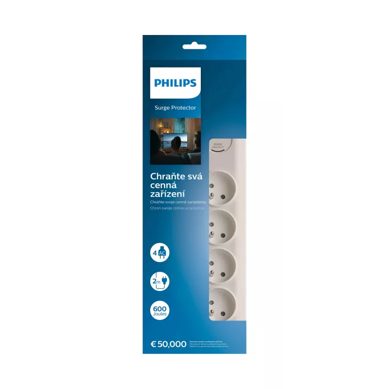 Apsaugos nuo viršįtampių įrenginys Philips SPN7040WA/60 4 kintamosios srovės lizdai 600 J 2 m baltas