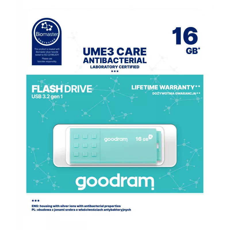 USB atmintukas GOODRAM UME3 CARE 16 GB USB Type-A 3.2 Gen 1 (skaitymo greitis 60 MB/s, rašymo greitis 20 MB/s) turkio spalvos