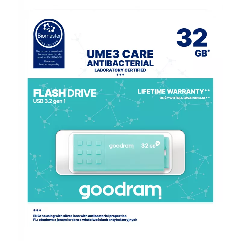 USB atmintinė GOODRAM UME3 32 GB USB Type-A 3.2 Gen 1 — turkio spalvos, 60 MB/s skaitymas, 20 MB/s rašymas