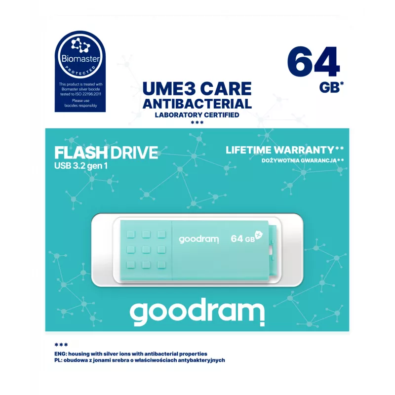USB atmintukas GOODRAM 64 GB USB Type-A 3.2 Gen 1 UME3, turkio spalvos, skaitymo greitis 60 MB/s, rašymo greitis 20 MB/s