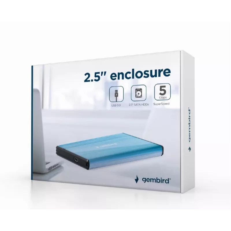 HDD korpusas Gembird EE2-U3S-3-B — 2,5 colio vieno lizdo, SATA, Mini‑USB A, iki 7 TB, mėlynas