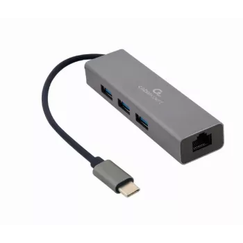 Prijungimo adapteris Gembird A-CMU3-LAN-01 — USB-C 3.2 Gen 1, 1× Gigabit LAN, 3× USB-A, metalinis korpusas, pilka