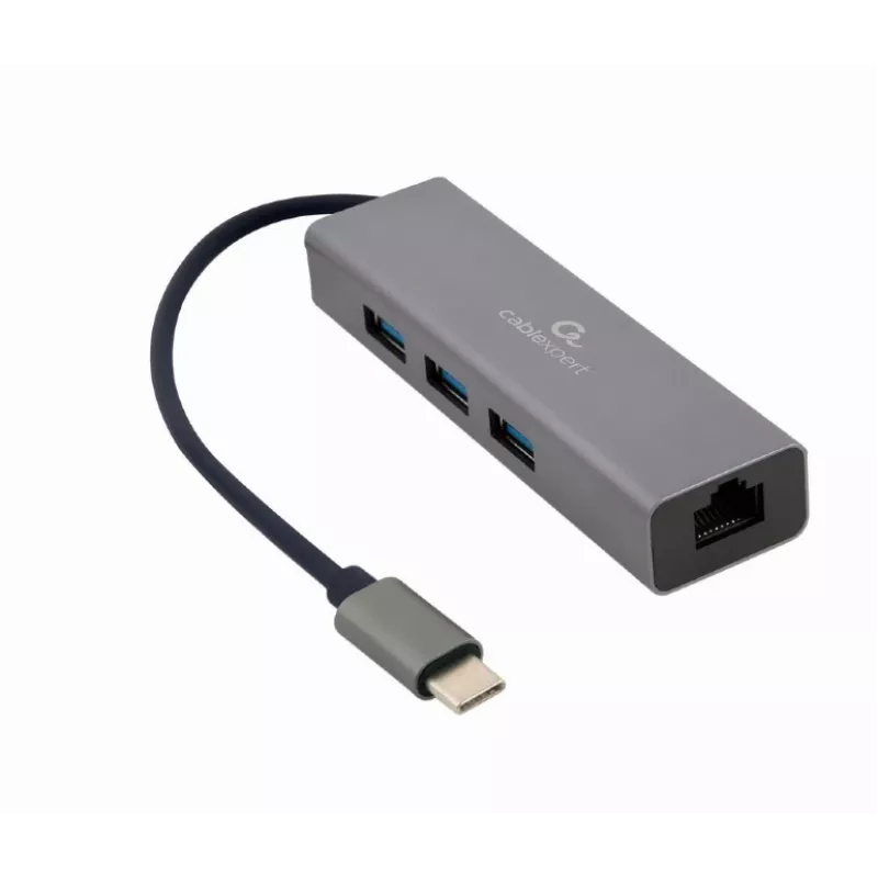 Prijungimo adapteris Gembird A-CMU3-LAN-01 — USB-C 3.2 Gen 1, 1× Gigabit LAN, 3× USB-A, metalinis korpusas, pilka