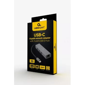 Prijungimo adapteris Gembird A-CMU3-LAN-01 — USB-C 3.2 Gen 1, 1× Gigabit LAN, 3× USB-A, metalinis korpusas, pilka