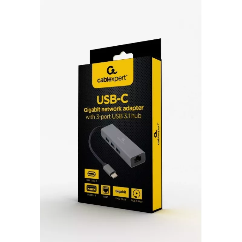 Prijungimo adapteris Gembird A-CMU3-LAN-01 — USB-C 3.2 Gen 1, 1× Gigabit LAN, 3× USB-A, metalinis korpusas, pilka