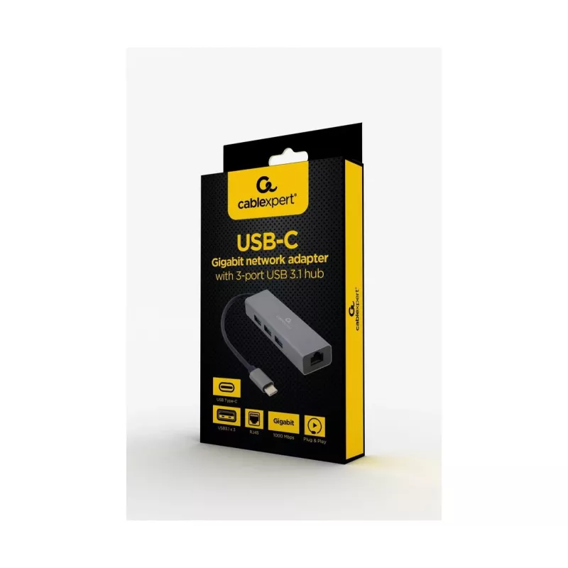 Prijungimo adapteris Gembird A-CMU3-LAN-01 — USB-C 3.2 Gen 1, 1× Gigabit LAN, 3× USB-A, metalinis korpusas, pilka