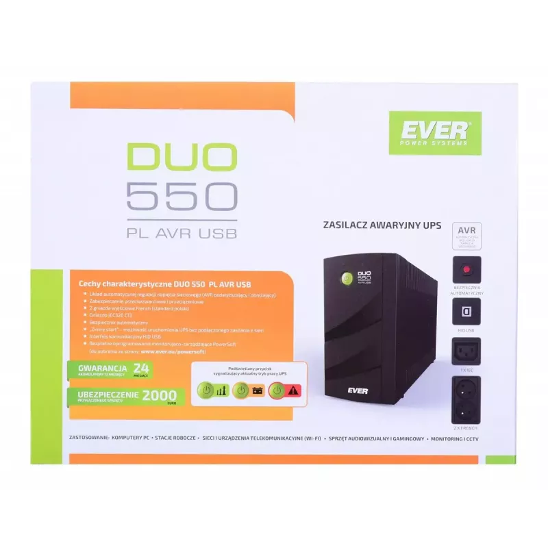 Uninterruptible Power Supply EVER DUO 550 PL AVR USB 550VA, 0,55 kVA / 330 W, Line-Interactive, 3×C13 lizdai, 12V 5Ah baterija