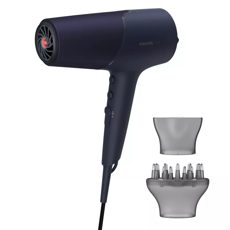 Philips 5000 serijos plaukų džiovintuvas BHD510/00, 2300 W, 6 šilumos / 6 greičio režimai, jonizacija, šalto oro pūtimas, koncentratorius ir difuzorius, tamsiai mėlynas, 1,8 m laidas