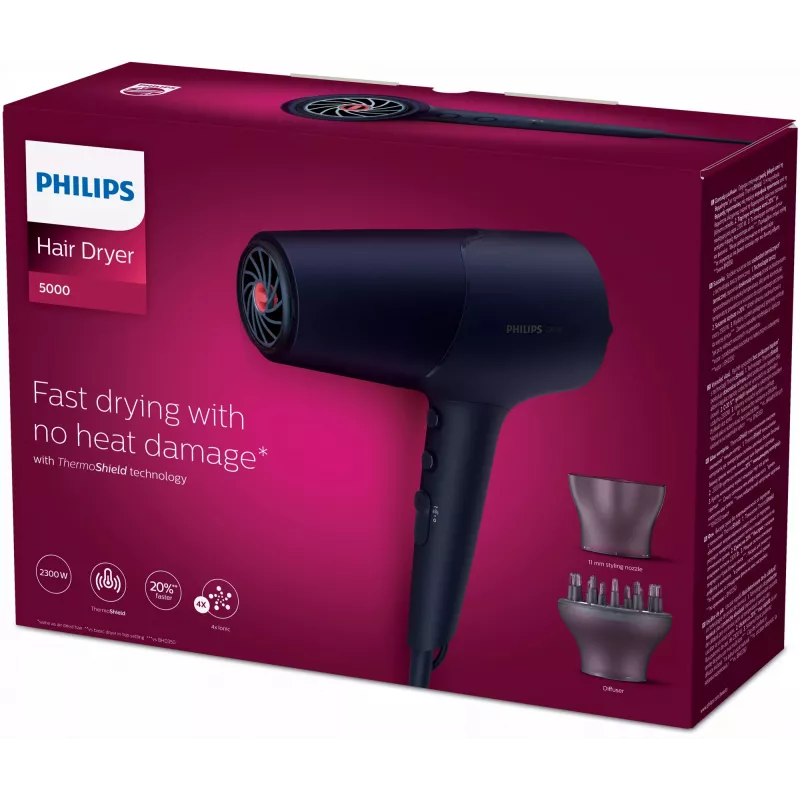 Philips 5000 serijos plaukų džiovintuvas BHD510/00, 2300 W, 6 šilumos / 6 greičio režimai, jonizacija, šalto oro pūtimas, koncentratorius ir difuzorius, tamsiai mėlynas, 1,8 m laidas